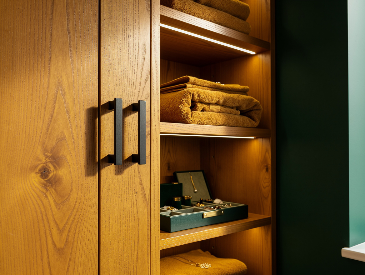 Realistic close-up editorial photo of warm oak wardrobe doors, dark hardware, fo