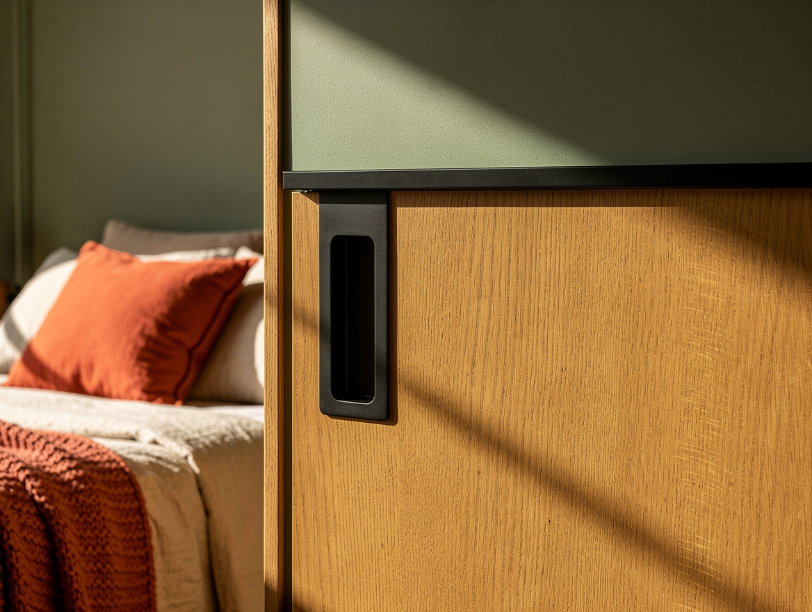 Realistic close-up editorial photo of a pocket door's matte-black recessed pull,