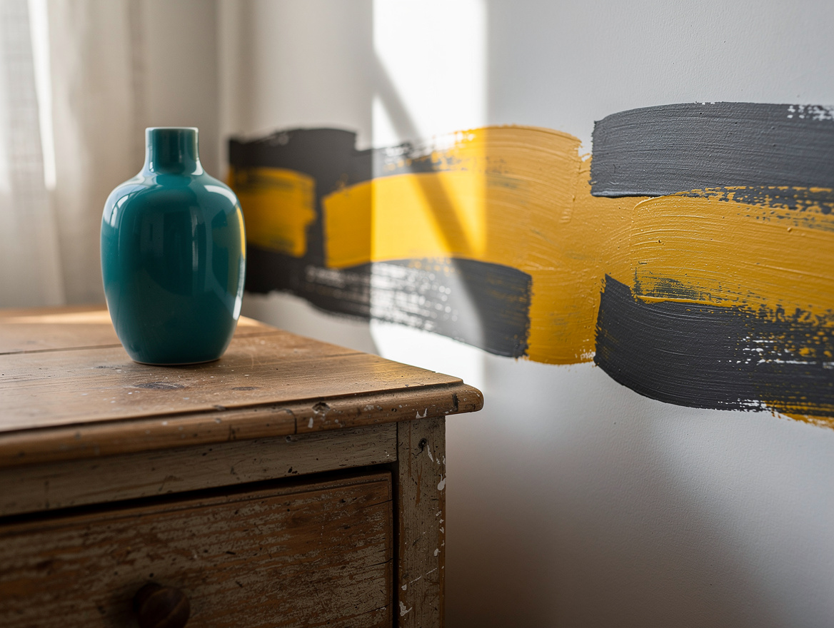 Realistic close-up editorial photo of a hand-painted bedroom wall border beside