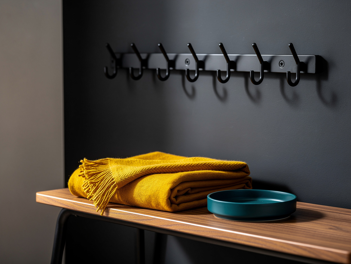 Realistic close-up photo of matte black wall hooks above a slim oak luggage benc