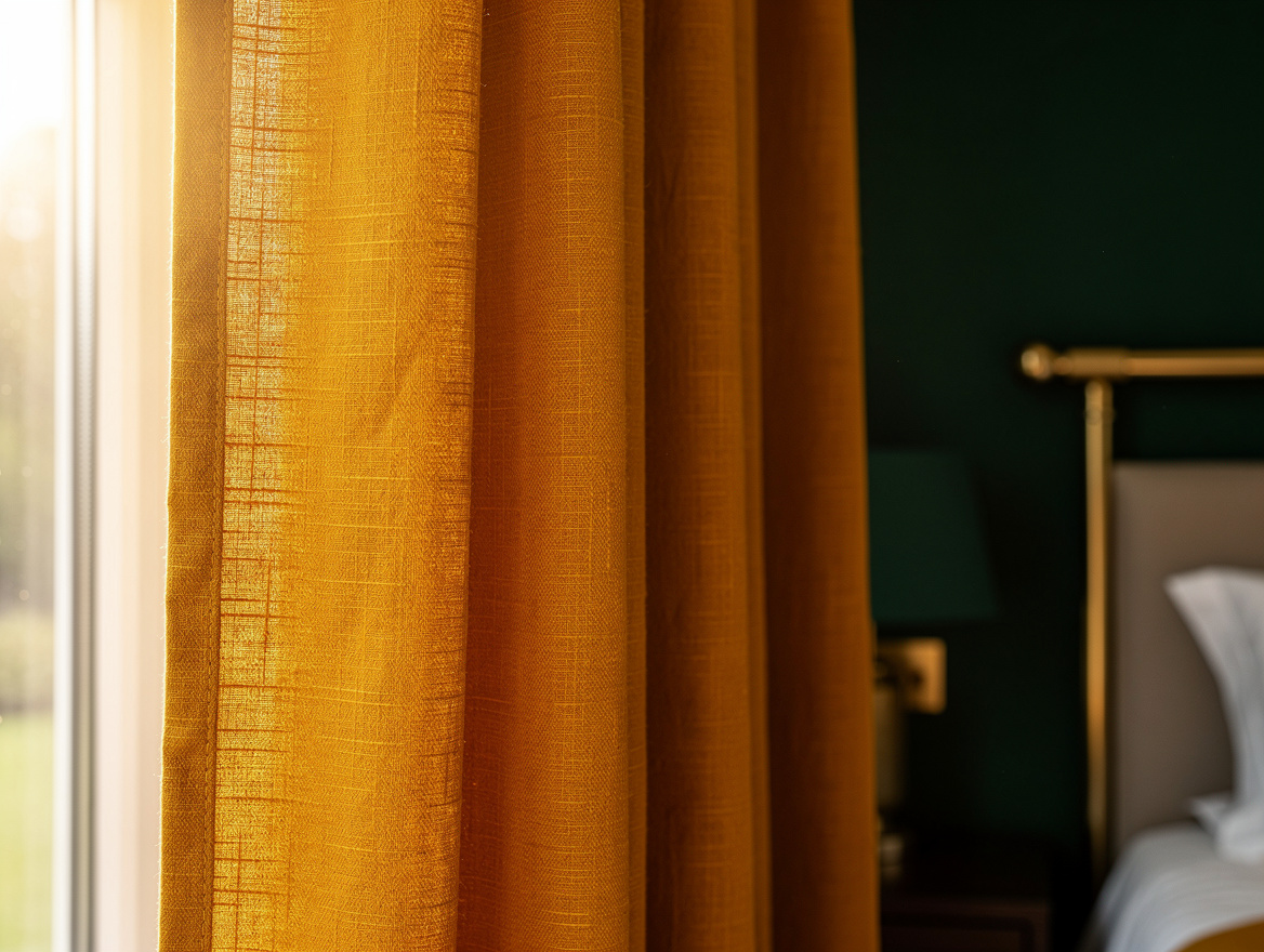 Close-up editorial photo of full linen-blend curtain folds beside a bedroom wind
