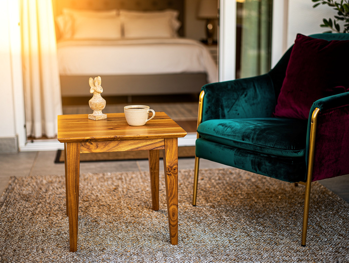 Realistic editorial detail photo of a bedroom-adjacent patio morning setup, cera