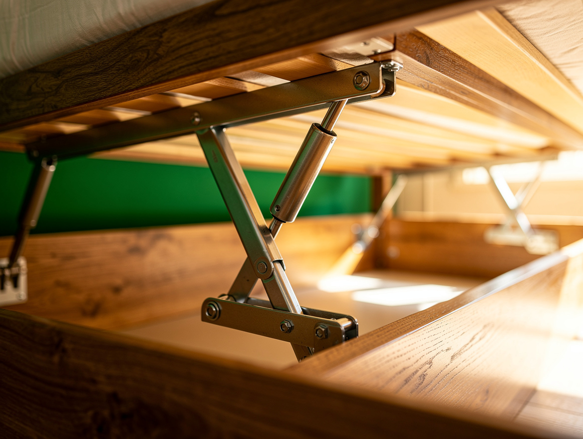 Realistic close-up editorial photo of hydraulic lift hardware and the underside