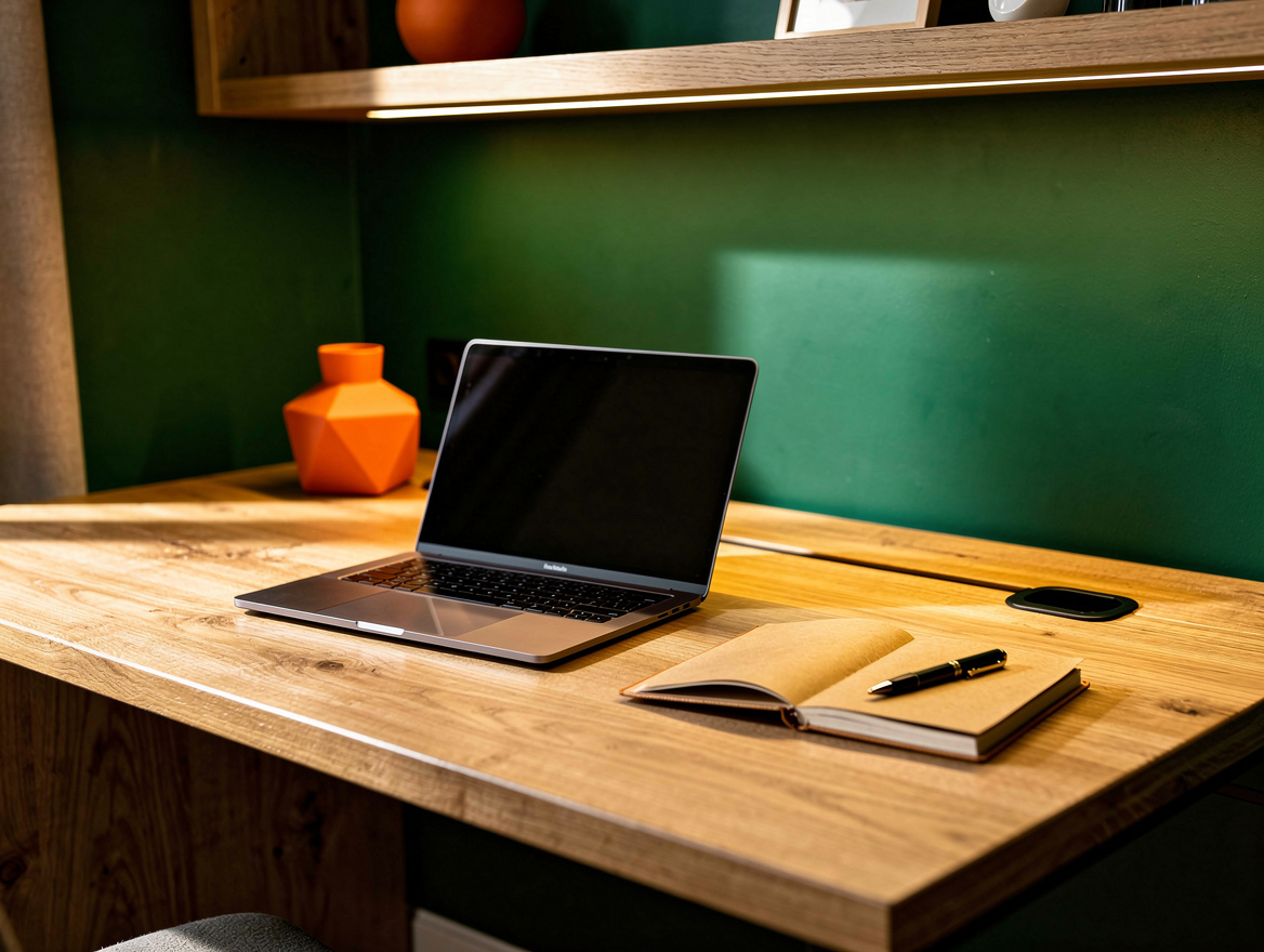 Realistic close-up photo of a folded-down oak wall desk with laptop, notebook, c
