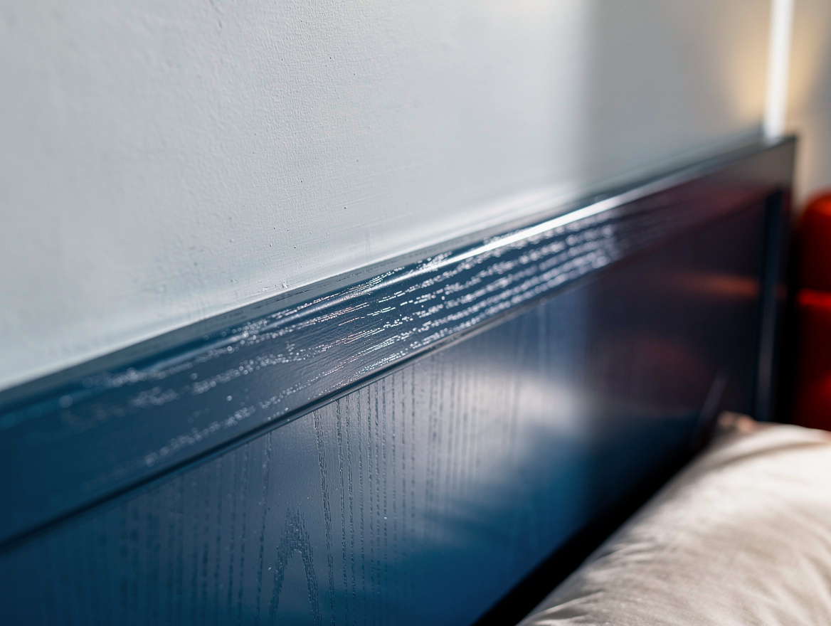 Realistic close-up editorial photo of satin deep blue bedroom trim meeting a pal