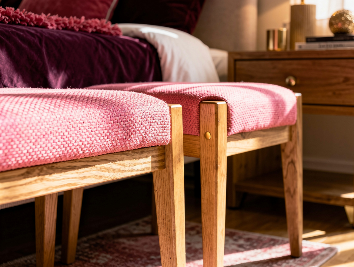 Close-up editorial photo of two different but coordinated bedside benches beside