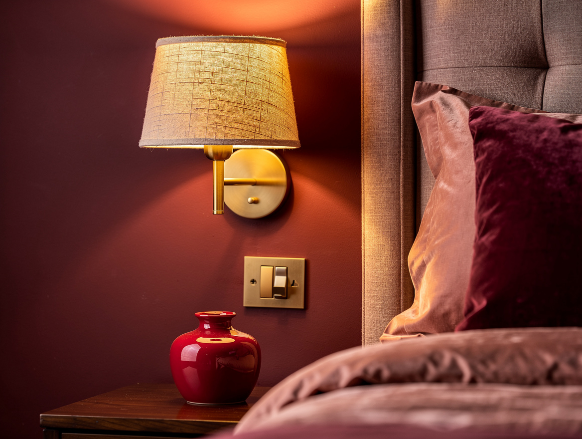 Realistic close-up editorial photo of a warm bedside wall sconce with a linen sh