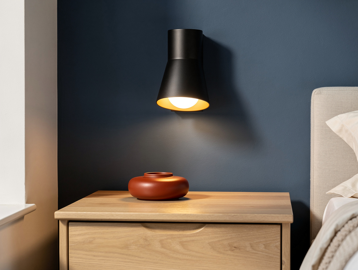 Realistic close-up editorial photo of a bedside sconce mounted above a light oak