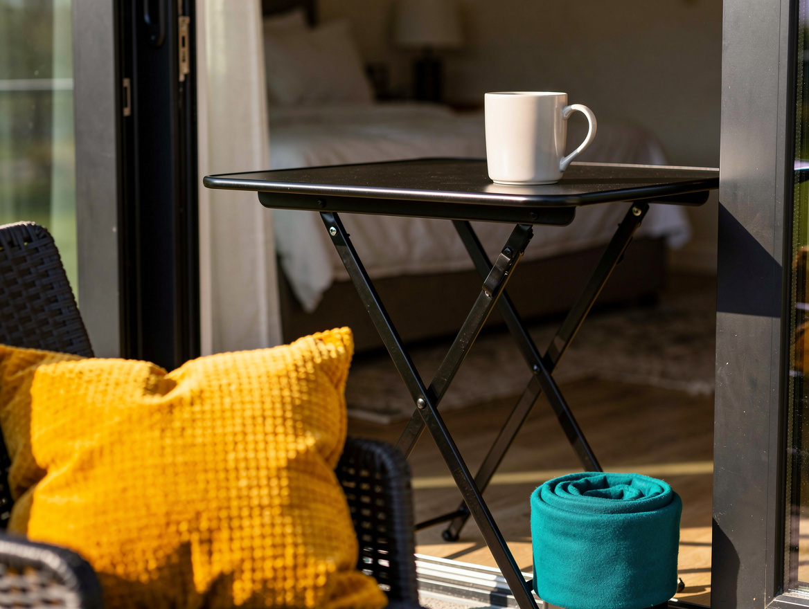 Realistic close-up editorial photo of a renter-friendly balcony bistro table fol