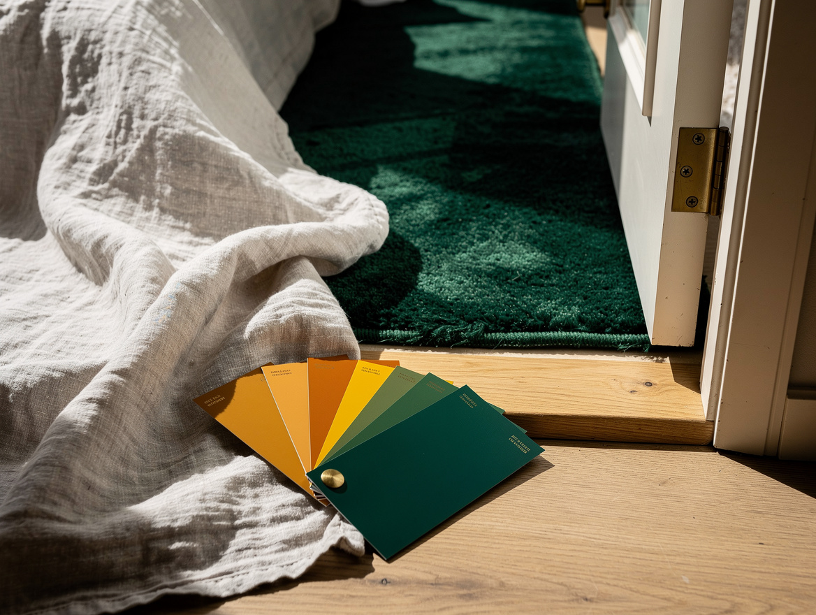 Close-up editorial photo of paint samples, linen bedding, oak wood, and a hallwa
