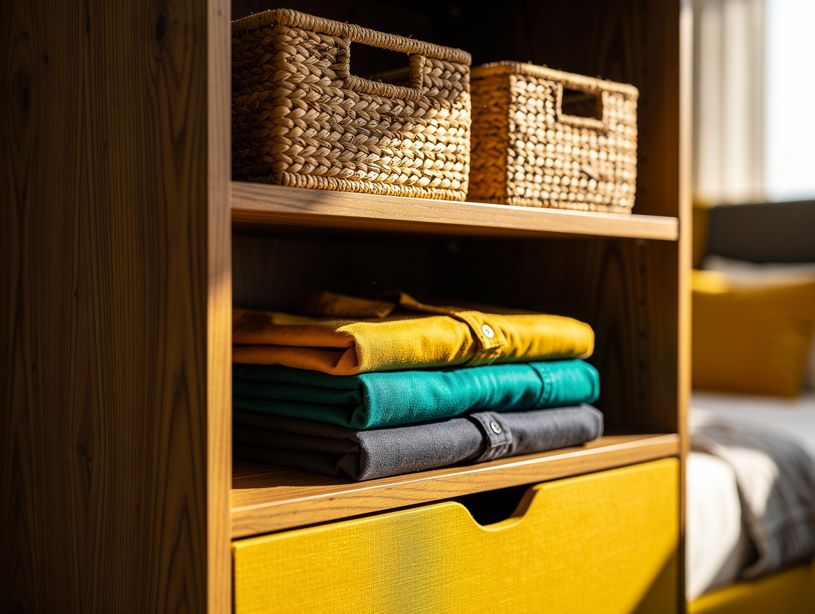 Realistic close-up editorial photo of woven baskets and folded clothing arranged