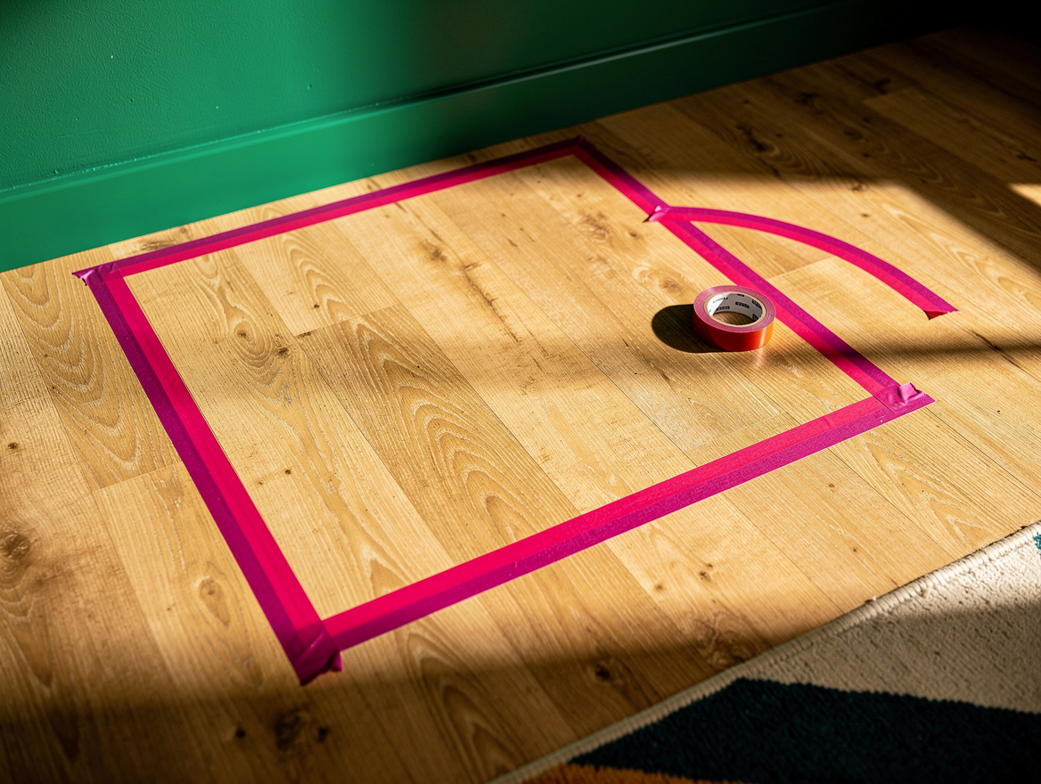 Realistic close-up editorial photo of painter's tape outlining a dresser footpri