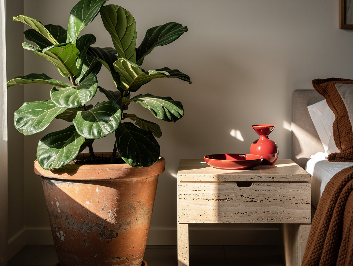 Realistic close-up editorial photo of a fiddle-leaf fig in a heavy terra-cotta p