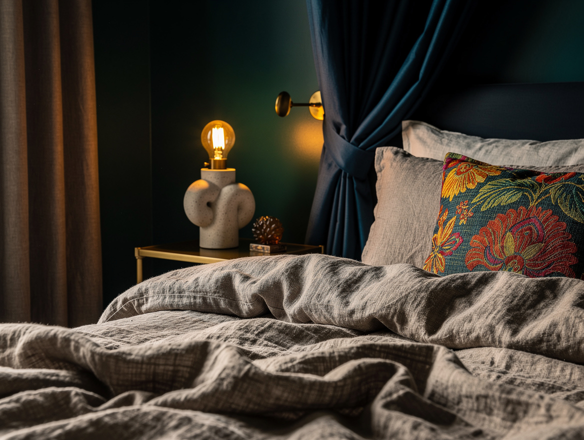 Realistic close-up editorial photo of textured linen bedding, a ceramic bedside