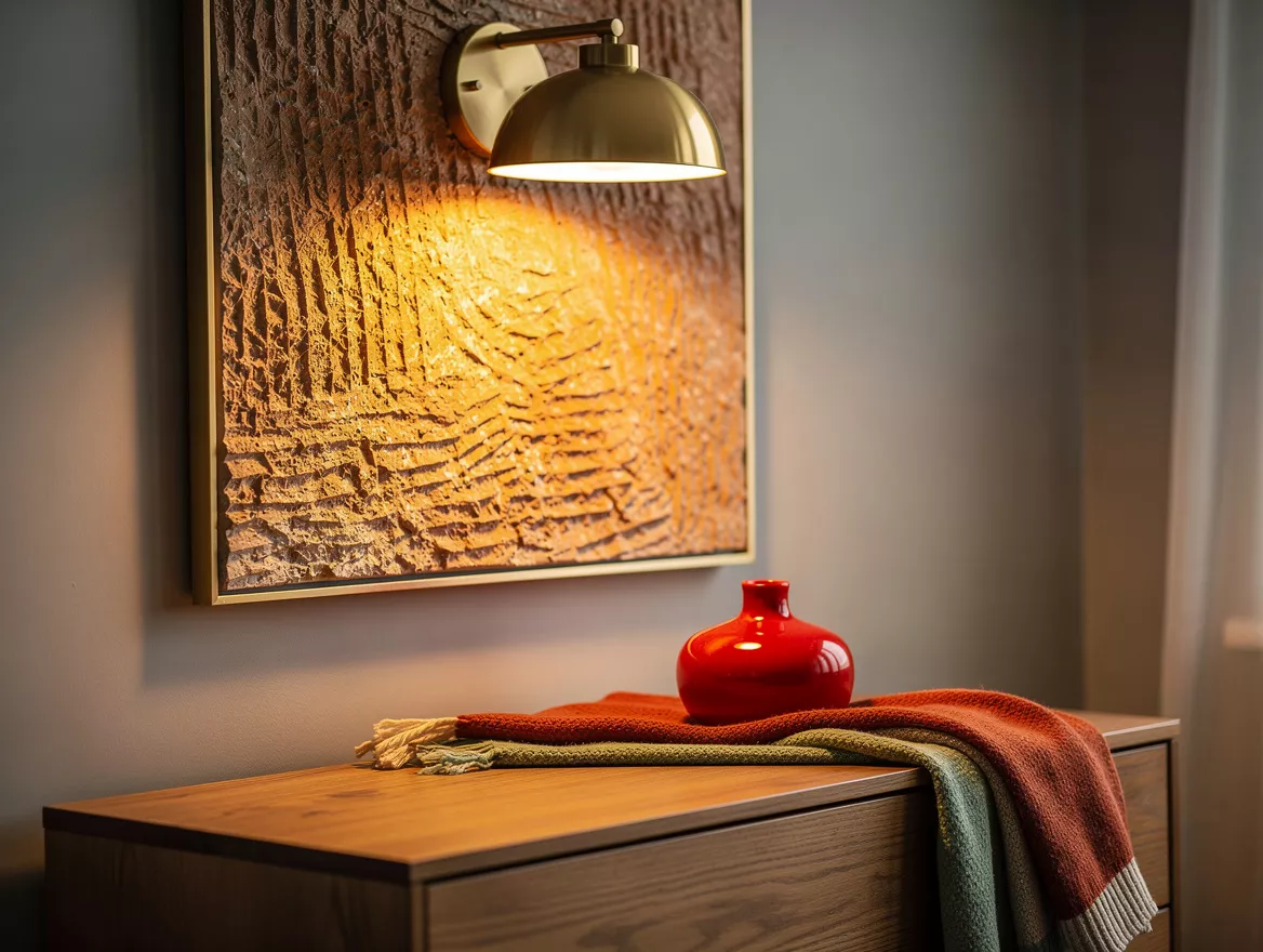 Realistic close-up editorial photo of a warm picture light illuminating textured