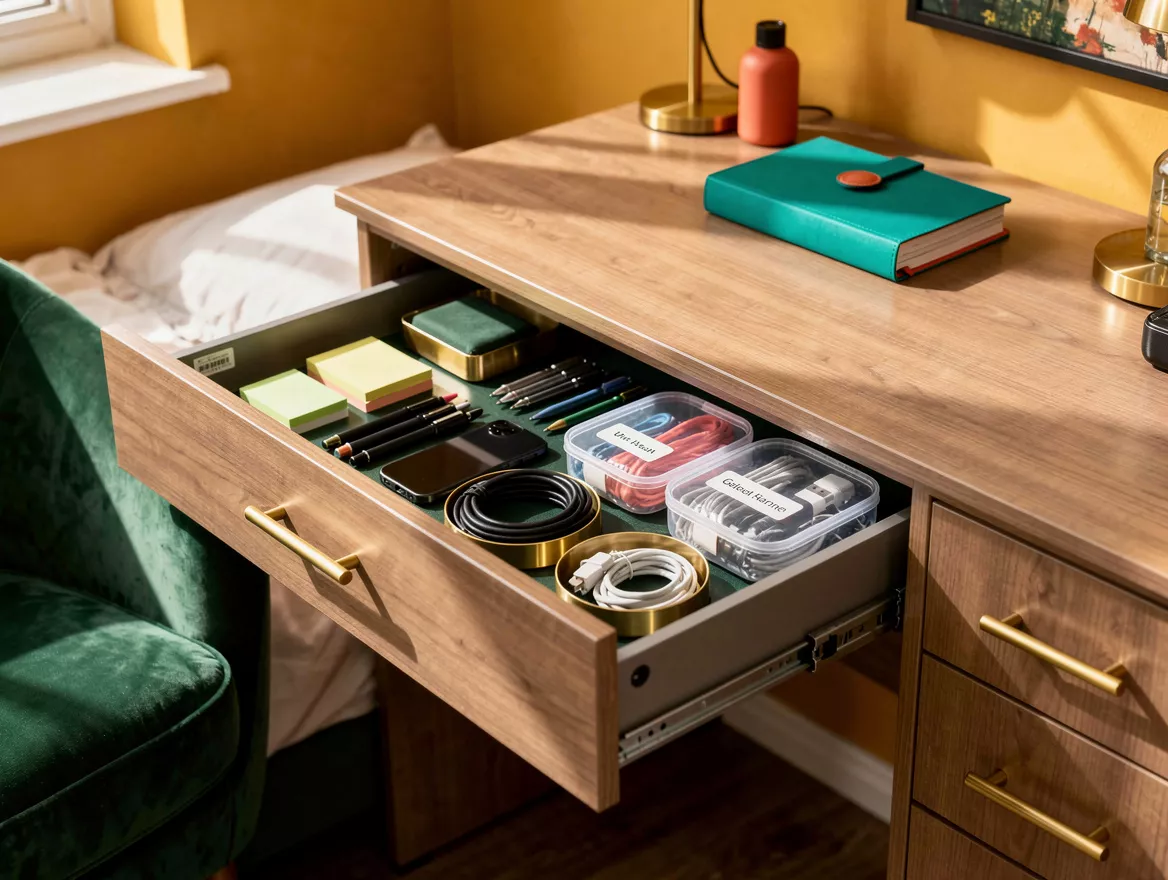 Realistic editorial detail photo of a bedroom desk with an IKEA-style drawer ped