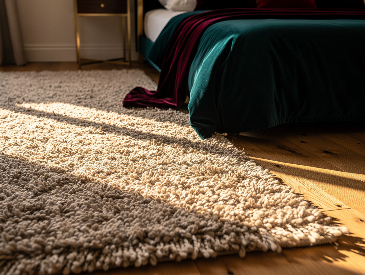 Realistic close-up editorial photo of a neutral wool rug extending beyond the si