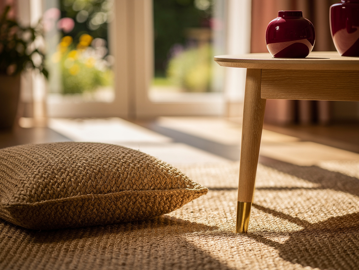 Realistic editorial close-up of a woven floor cushion, jute rug, oak side table,