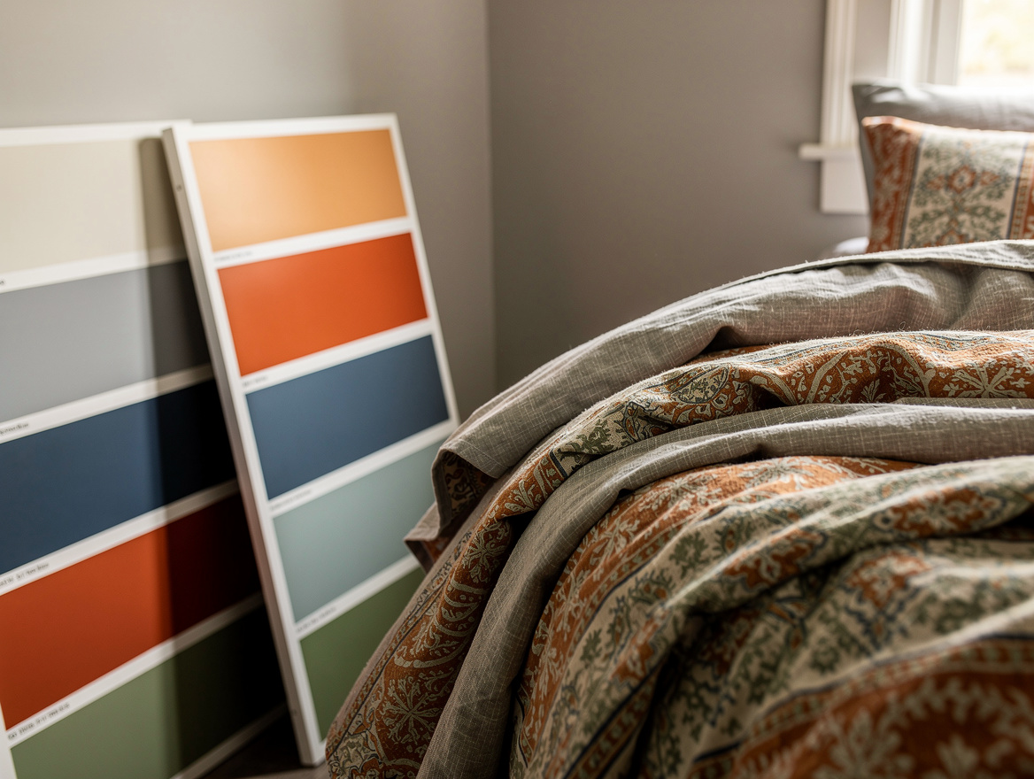 Realistic close-up photo of patterned cotton bedding beside large painted color
