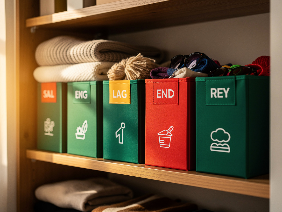 Realistic close-up editorial photo of labeled storage bins on a narrow closet sh