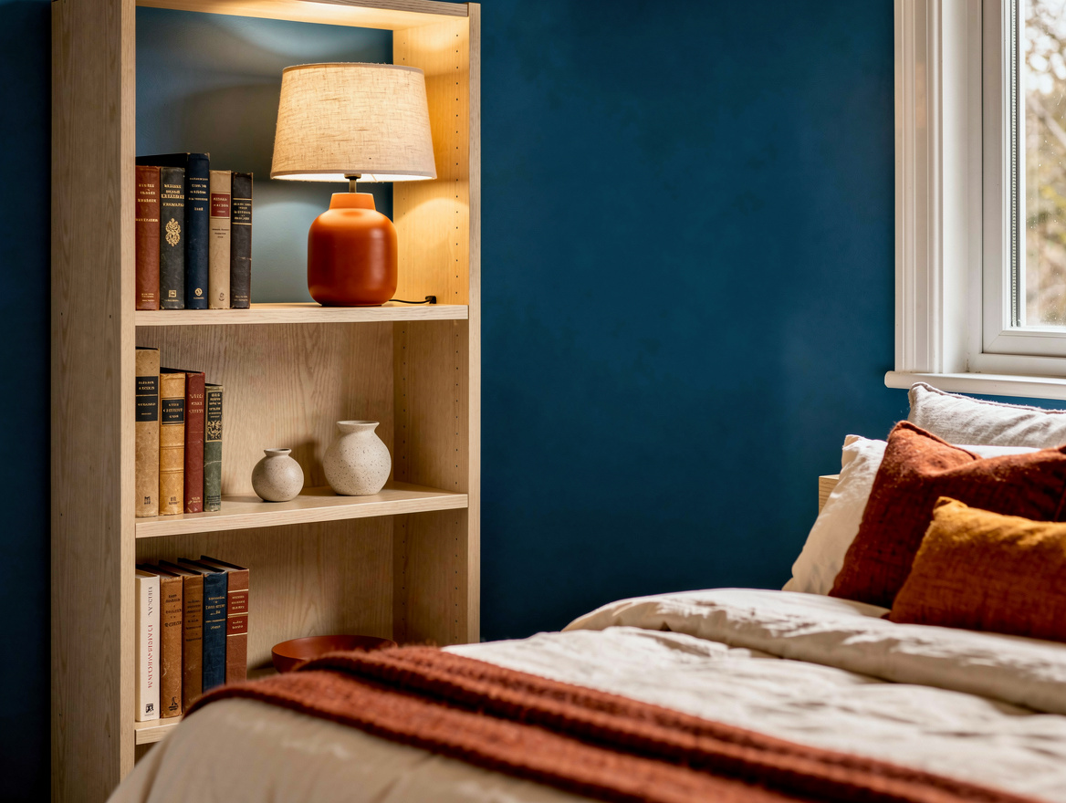 Close-up editorial photo of a shallow bookcase beside a bed, showing narrow dept