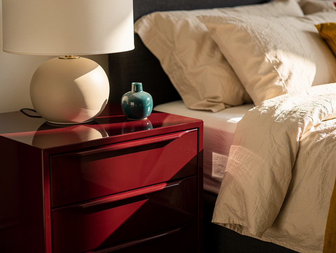 Close detail photo of an oxblood lacquered bedside cabinet beside ivory bedding,