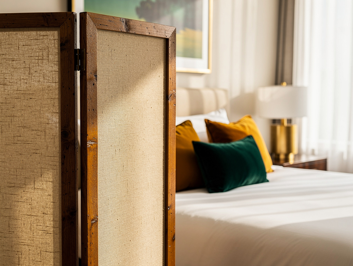 Realistic editorial close-up of a folding privacy screen beside a queen guest be