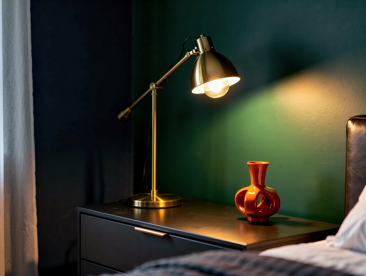 Realistic close-up photo of an adjustable powder-coated steel lamp aimed at a be