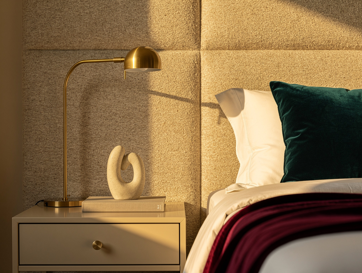 Realistic close-up editorial photo of textured oatmeal upholstery extending behi