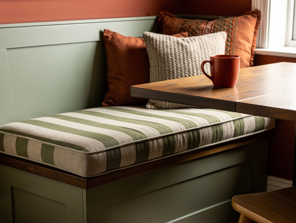 Realistic detail photo of a tailored breakfast nook cushion in oatmeal and olive