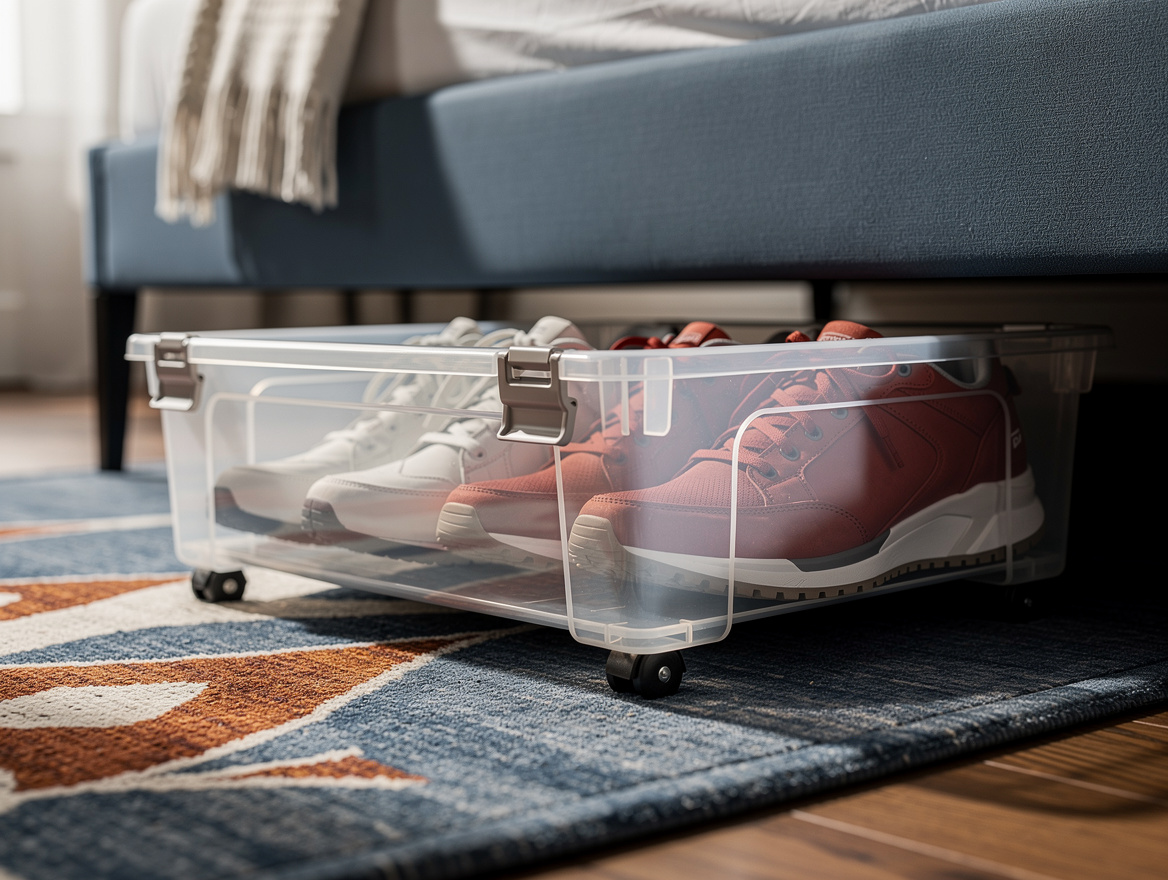 Realistic close-up editorial photo of a clear shallow rolling under-bed bin with