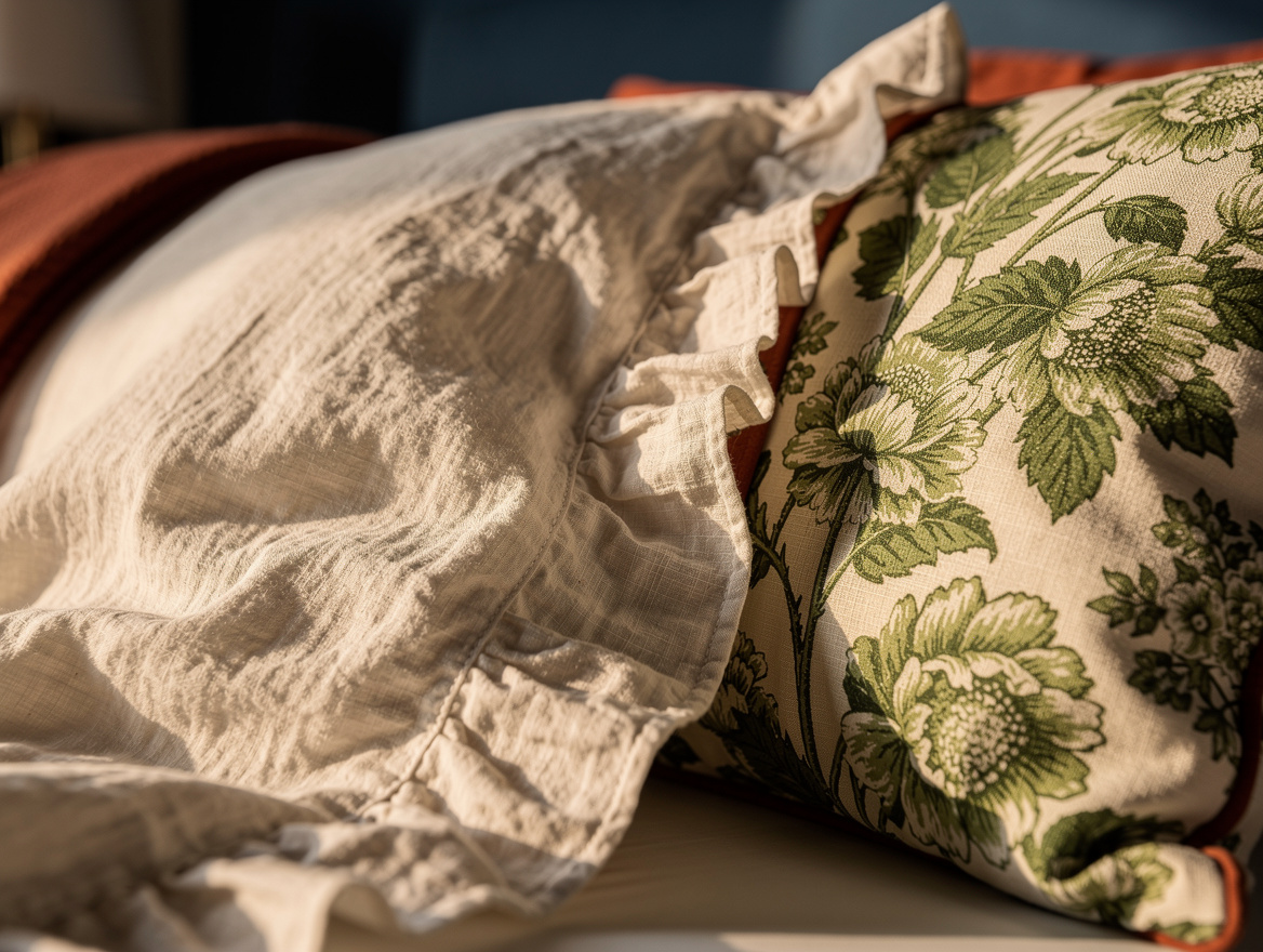 Realistic close-up editorial photo of cream ruffled linen bedding beside a green