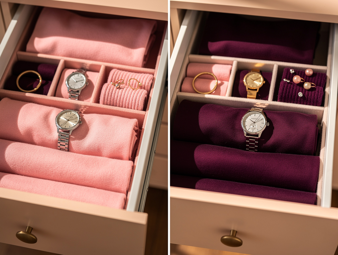 Realistic editorial detail photo of two separate dresser drawers with neatly fol
