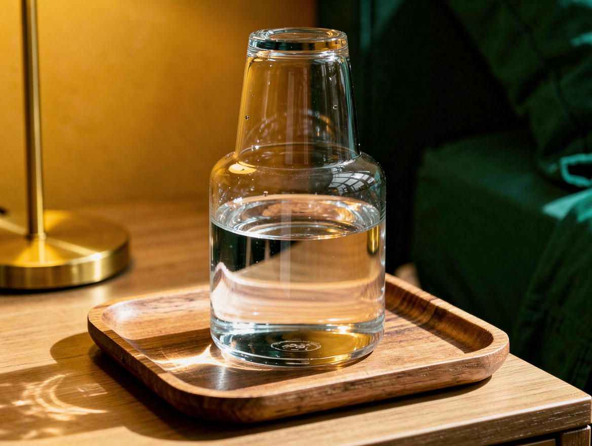 Realistic close-up editorial photo of a clear glass bedside carafe with its matc