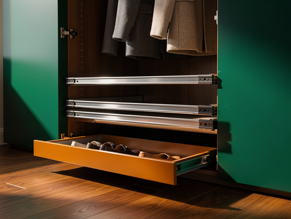 Realistic close-up editorial photo of soft-closing wardrobe doors, powder-coated