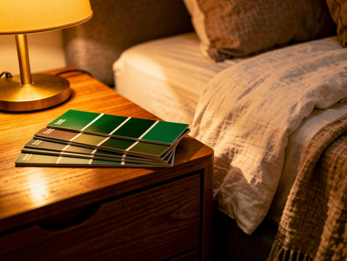 Realistic close-up editorial photo of paint sample boards beside linen bedding a