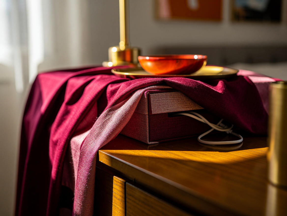 Realistic close-up editorial photo of an opaque dresser scarf covering a shallow