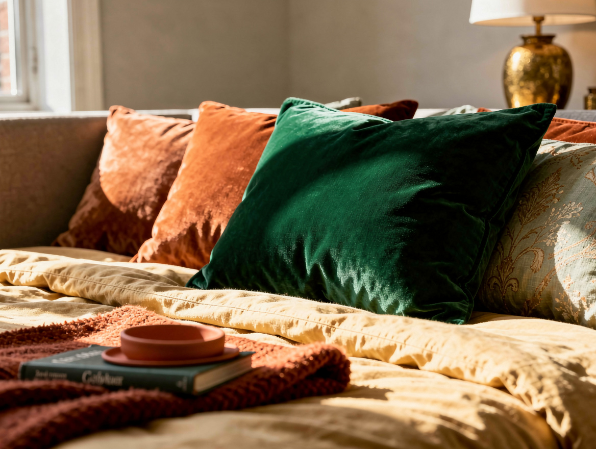 Realistic editorial detail photo of emerald cotton-velvet cushions on warm ivory