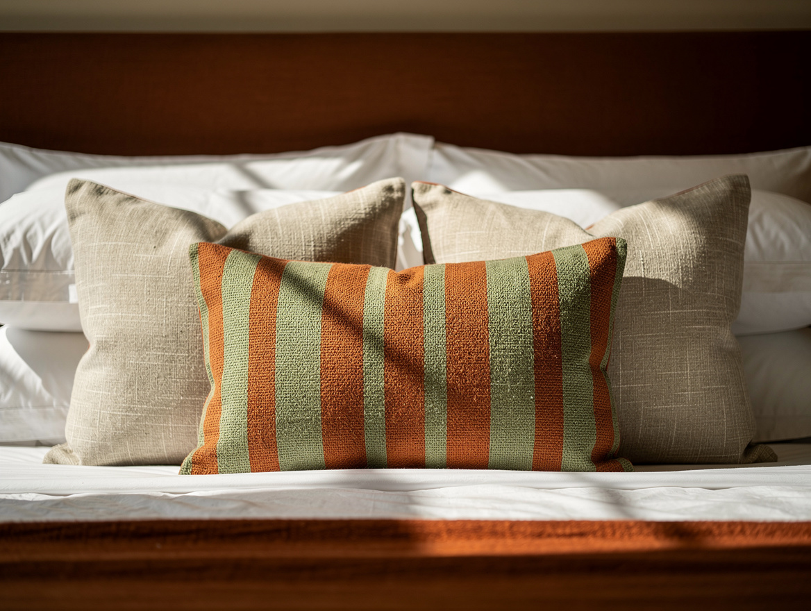 Realistic close-up editorial photo of layered queen-bed pillows: white sleeping