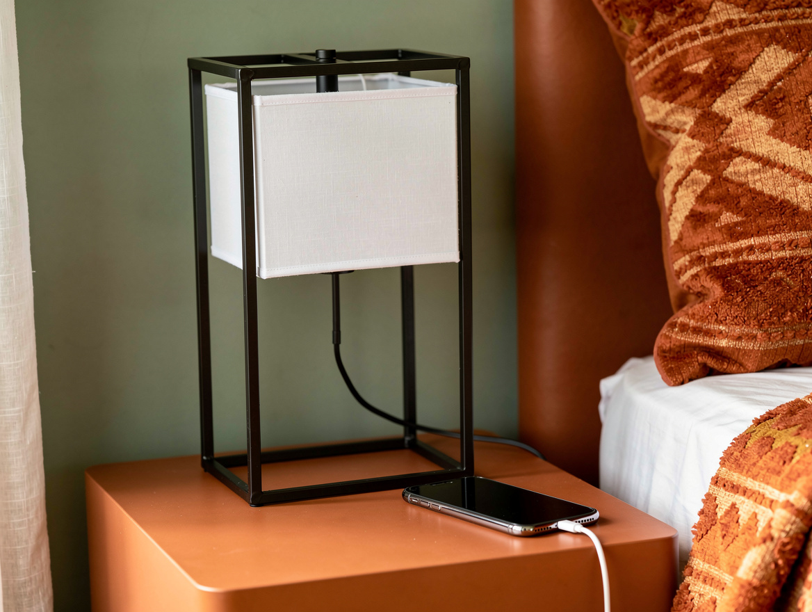Realistic close-up editorial photo of a black metal open-frame bedside lamp with
