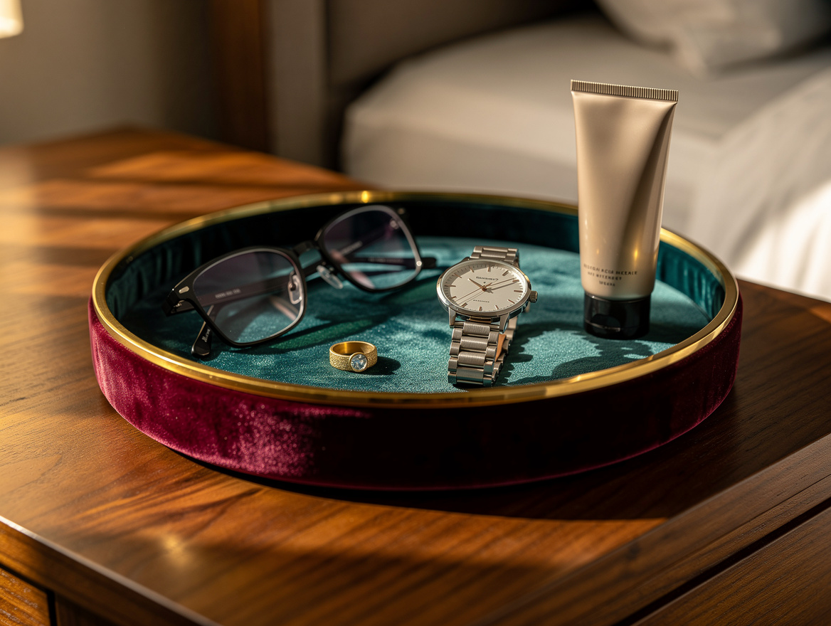 Realistic close-up editorial photo of a small bedroom catchall tray with eyeglas