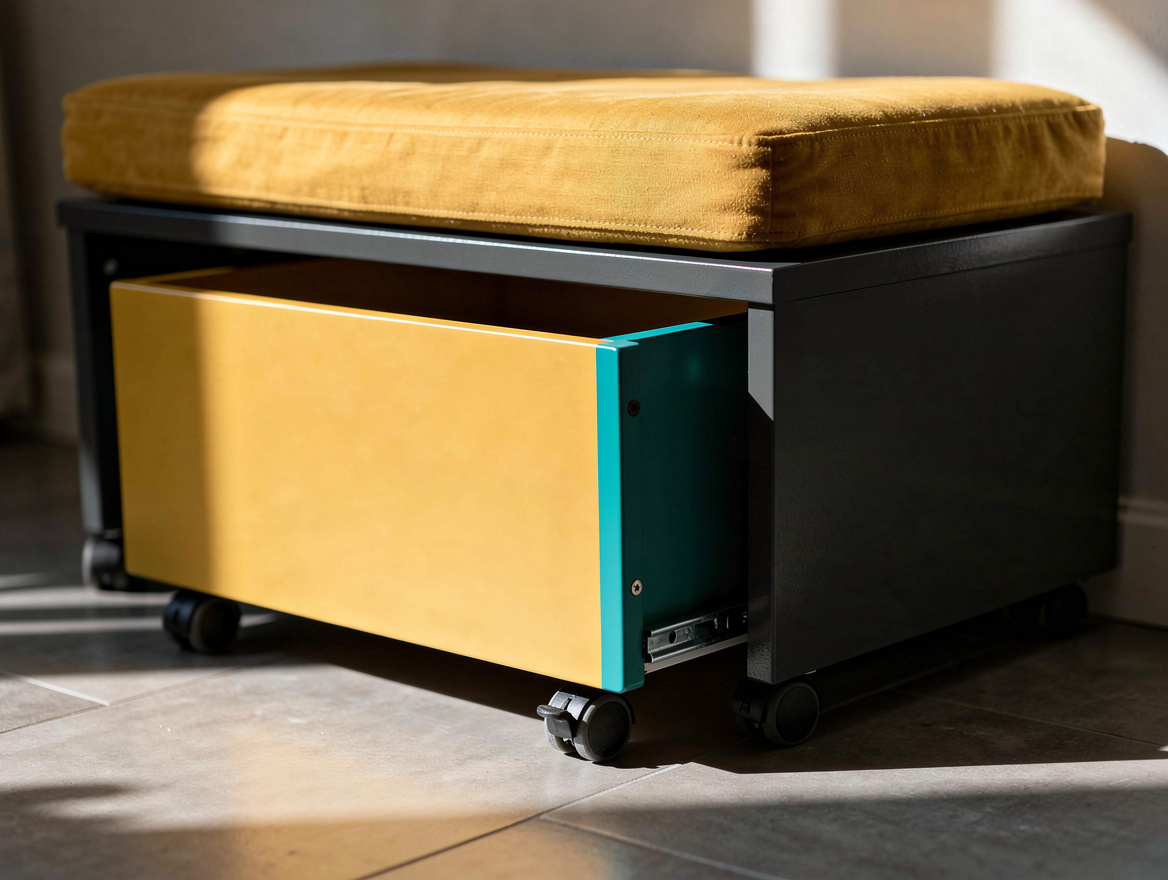 Close detail of an opaque pull-out toy box beneath a simple cushioned reading be