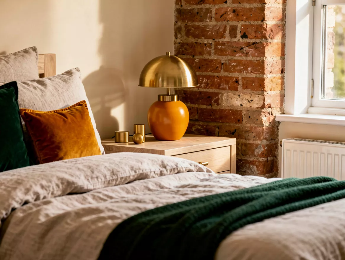 Realistic close-up photo of warm ivory paint and oatmeal linen bedding placed be
