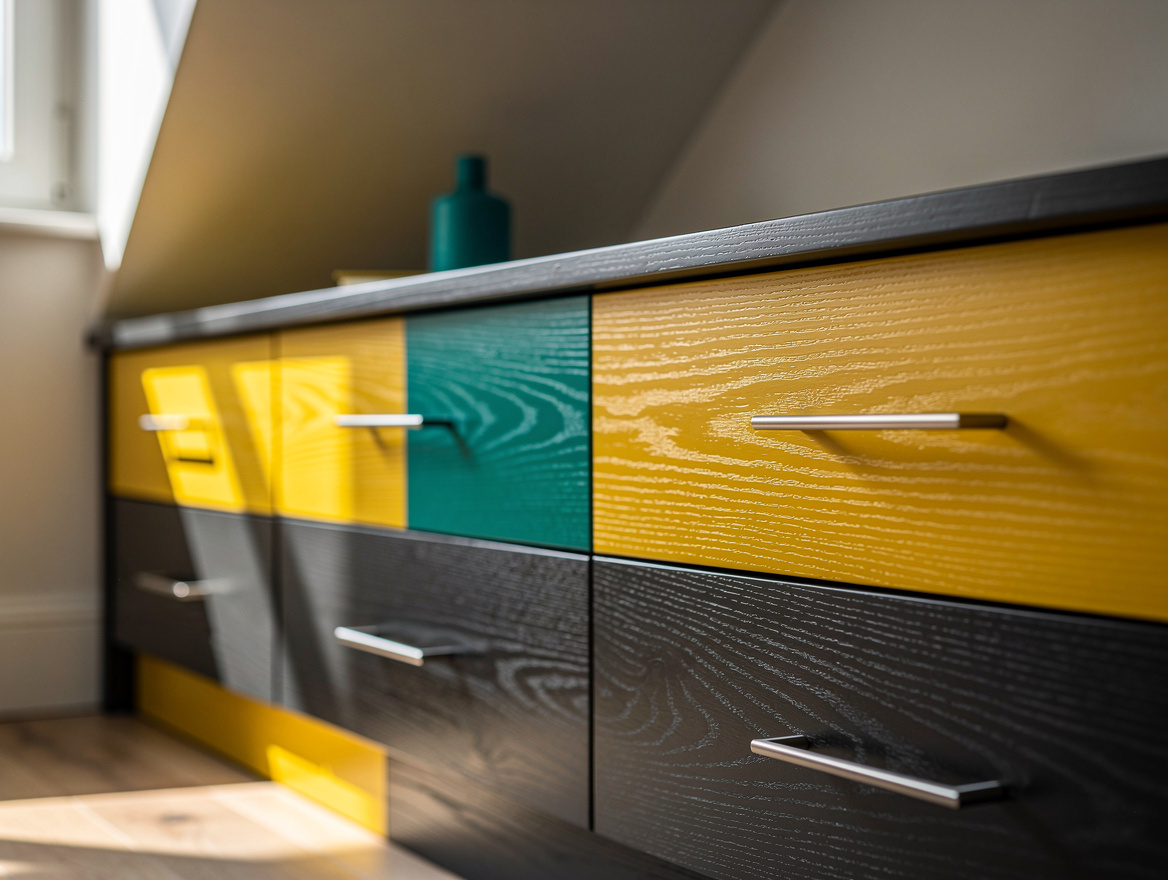 Realistic close-up photo of aligned built-in drawer fronts beneath a sloped bedr