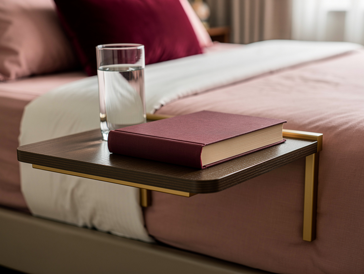 Realistic close-up editorial photo of a shallow floating bedside shelf beside a