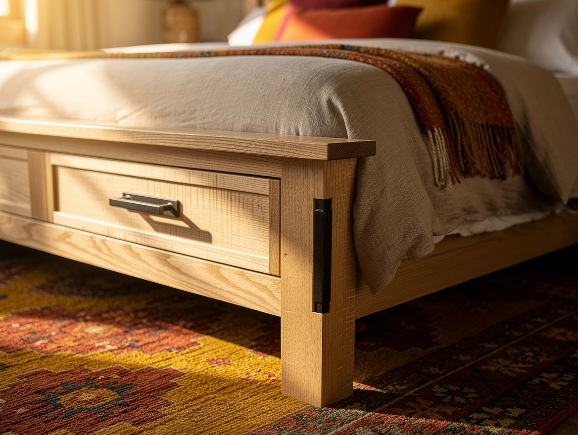 Realistic close-up editorial photo of quarter-sawn white oak joinery, solid-oak