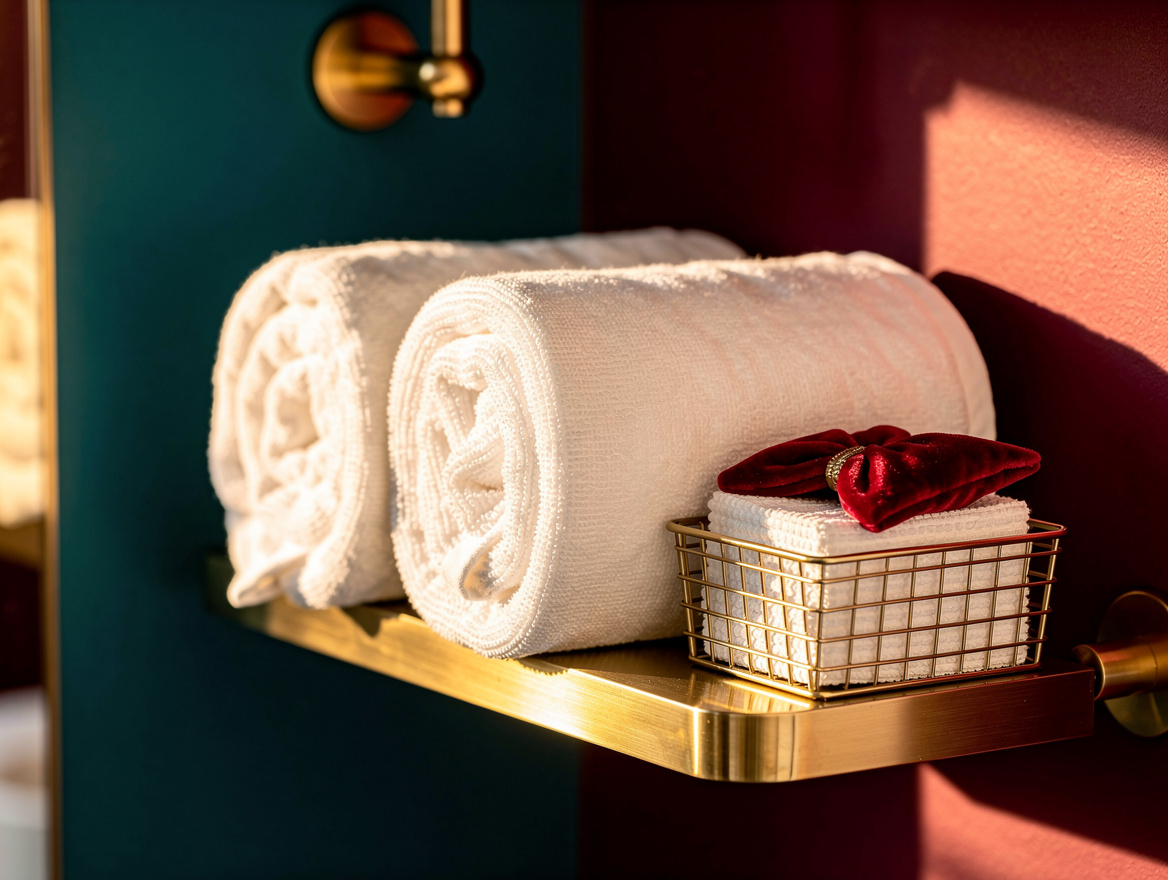 Realistic close-up editorial photo of two rolled white bath towels and a small w
