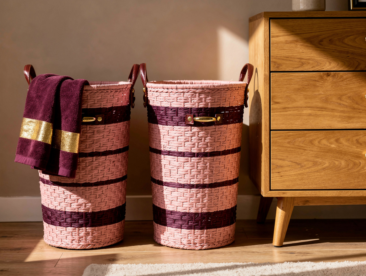 Realistic close-up editorial photo of two matching woven laundry hampers with vi