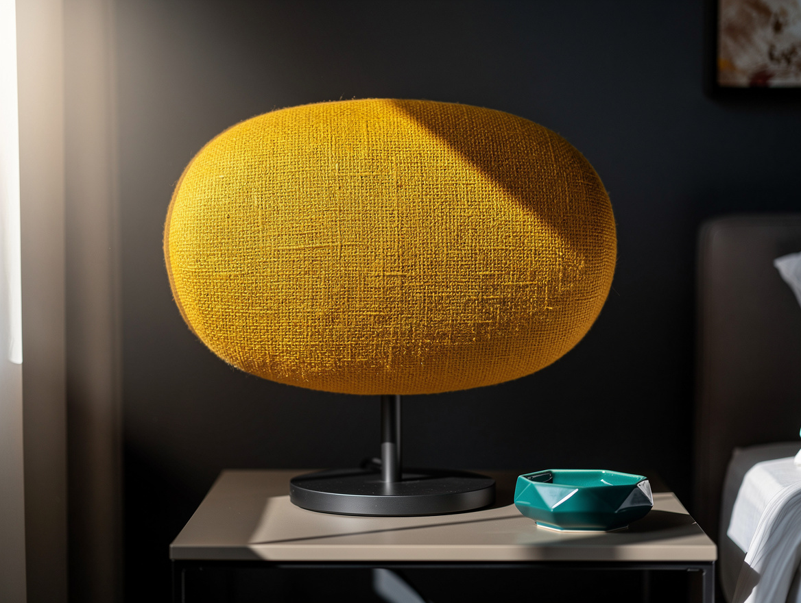 Realistic close-up editorial photo of an oval linen lampshade on a slim lamp bas