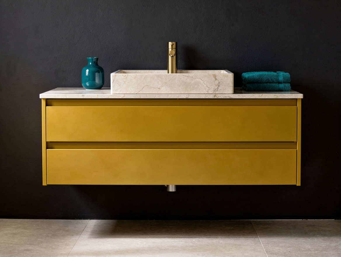 Realistic editorial detail photo of a wall-mounted IKEA-style bathroom vanity wi